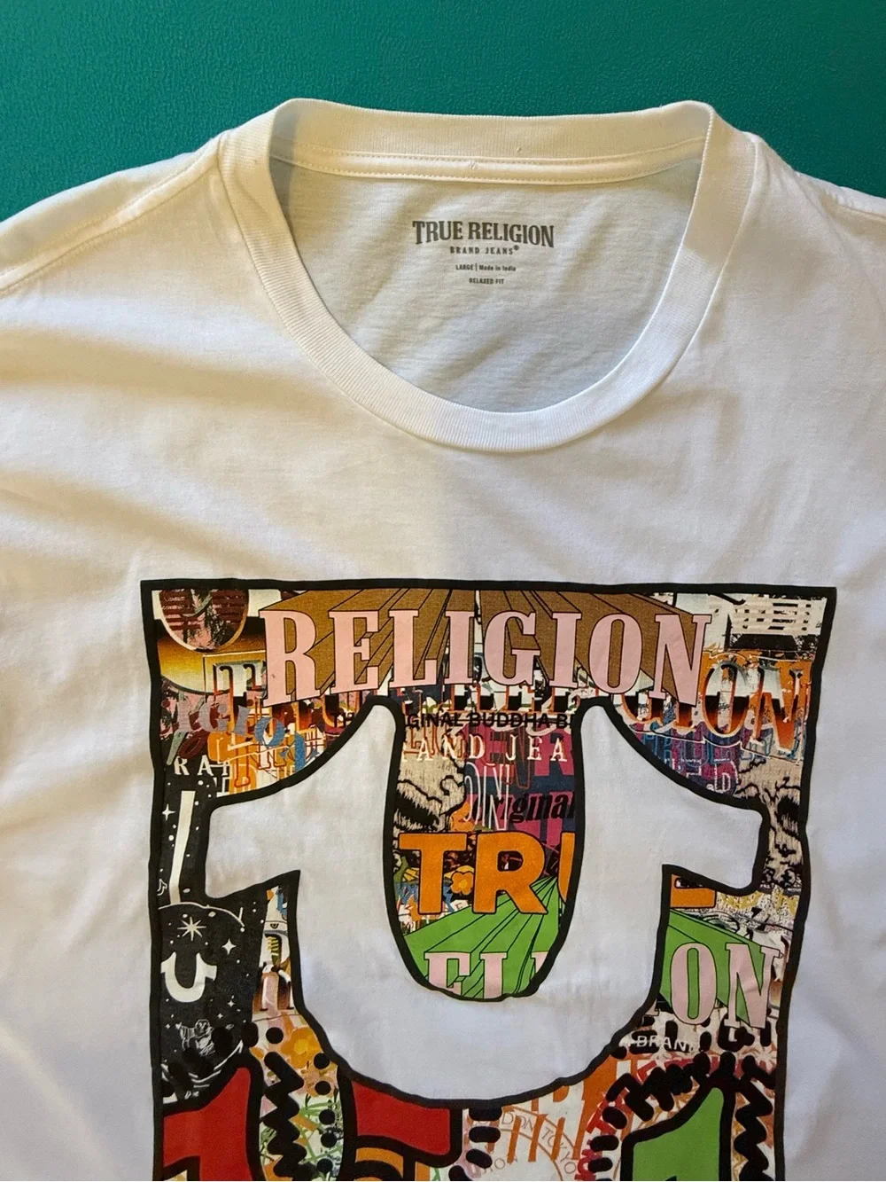True Religion White Tee with Multicolor Logo Panel